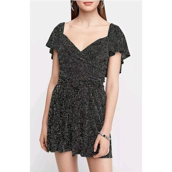 Express Womens Flutter Sleeve Romper Silver Dot Size XS Black‎ - Picture 1 of 8